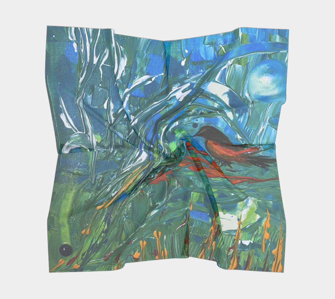 "Oriole at the Feeder" Square Scarf (Aqua, Green, Orange)