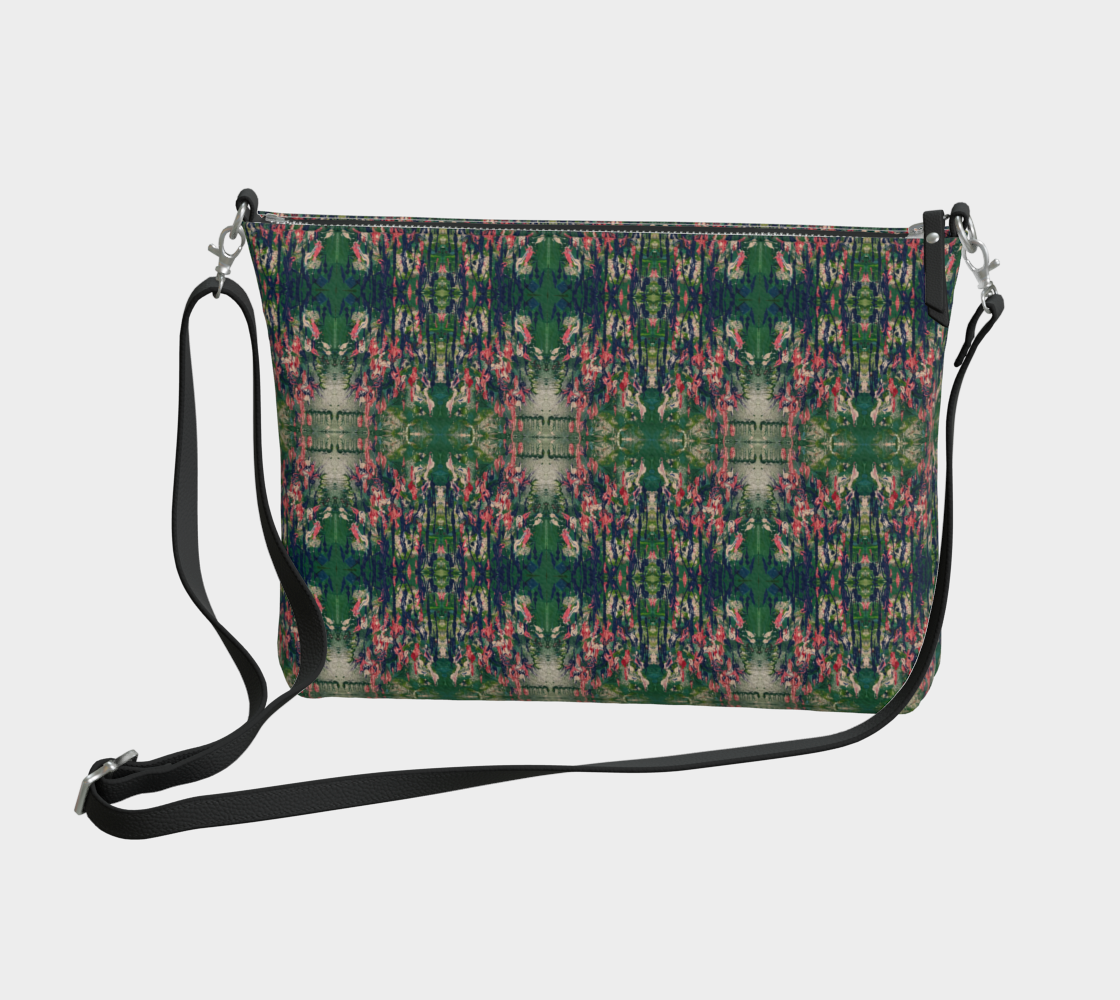 "Summer Marsh Flowers"  Vegan Leather Crossbody Purse (Green, Pink)