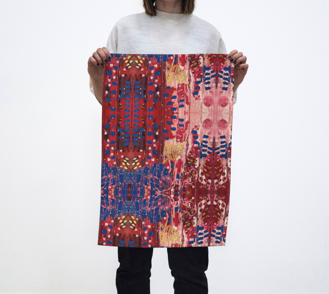 "Hearts and Flowers" Tea Towel (Red, Blue)