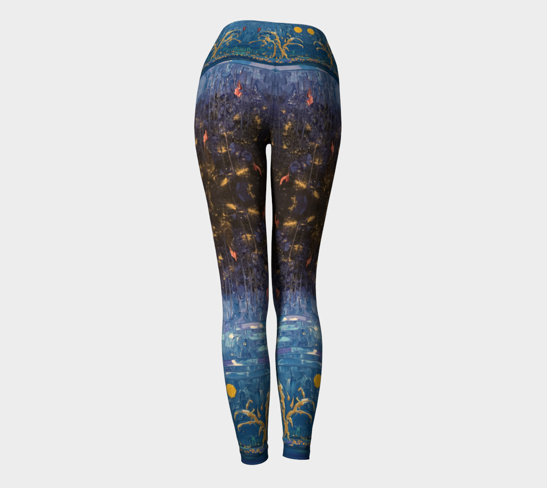 "Trees on Blue" Yoga Leggings (Blue, Gold)