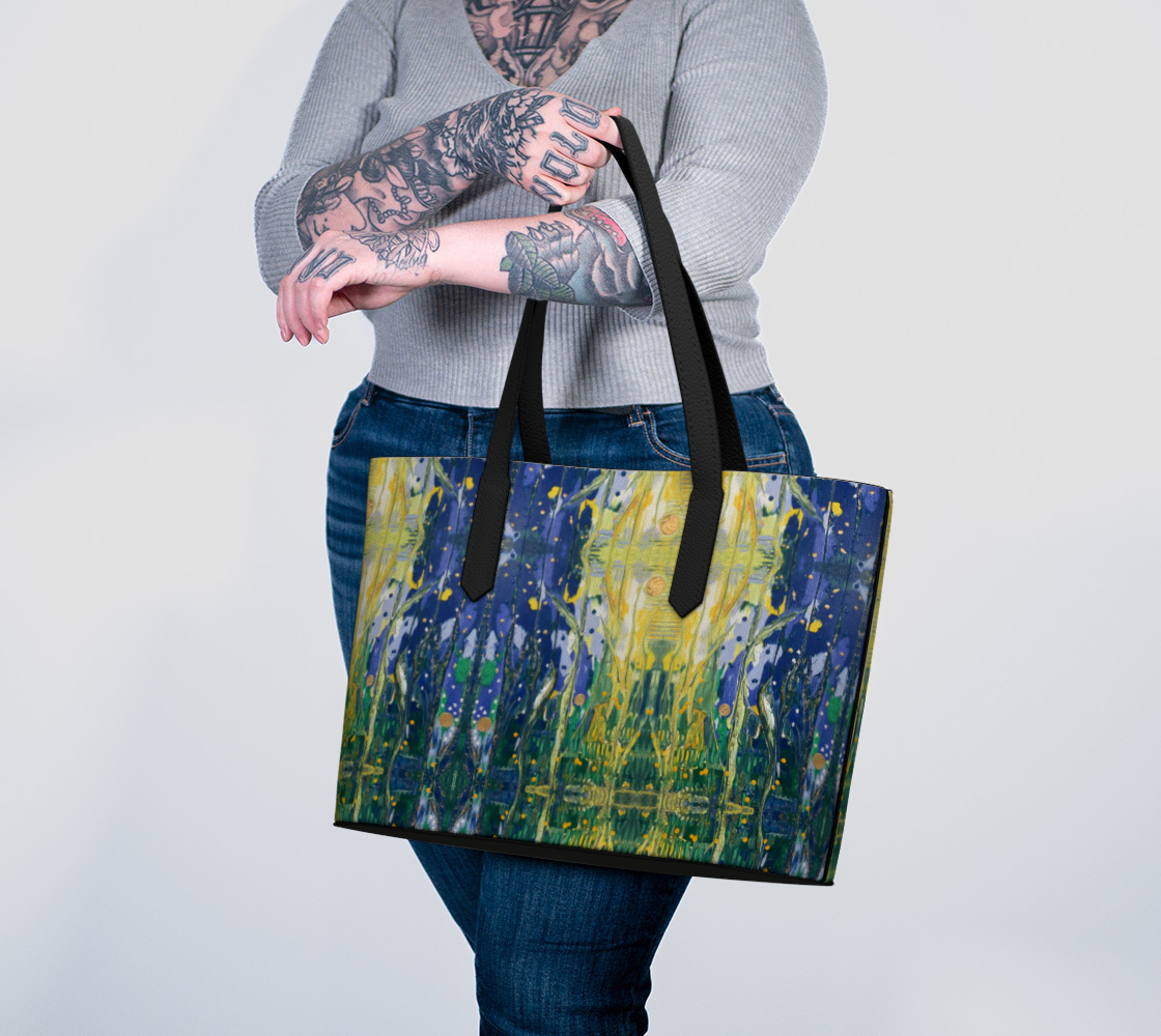 “Arrival of Spring” Vegan Leather Tote Bag (Blue, Green, Yellow)