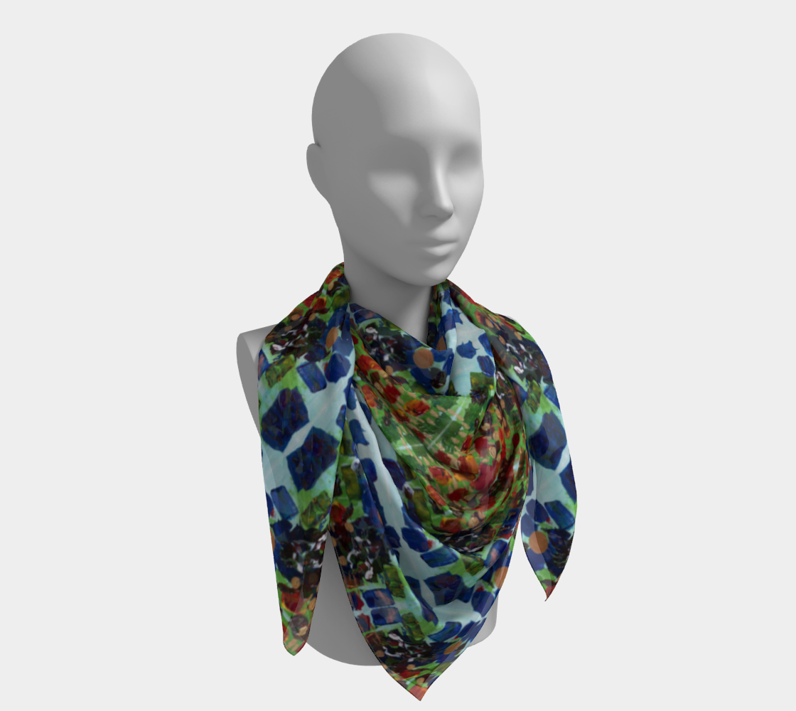 "Fall Garden" Square Scarf (Blue, Green, Red)