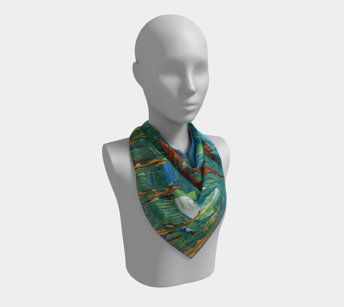 "Oriole at the Feeder" Square Scarf (Aqua, Green, Orange)