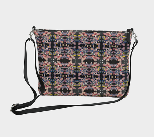 “Grace In Orchid Petals” Vegan Leather Crossbody #2 (Black, Pink, Yellow)