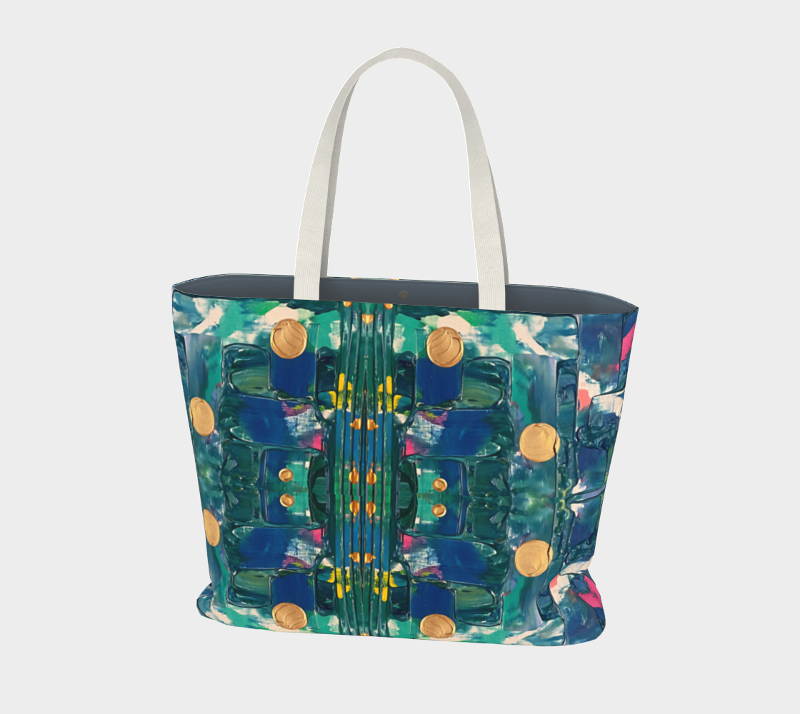 "Water Lillies" Large Tote (Turquoise, Aqua, Gold, Pink)