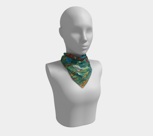 "Oriole at the Feeder" Square Scarf (Aqua, Green, Orange)