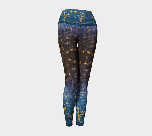 "Trees on Blue" Yoga Leggings (Blue, Gold)