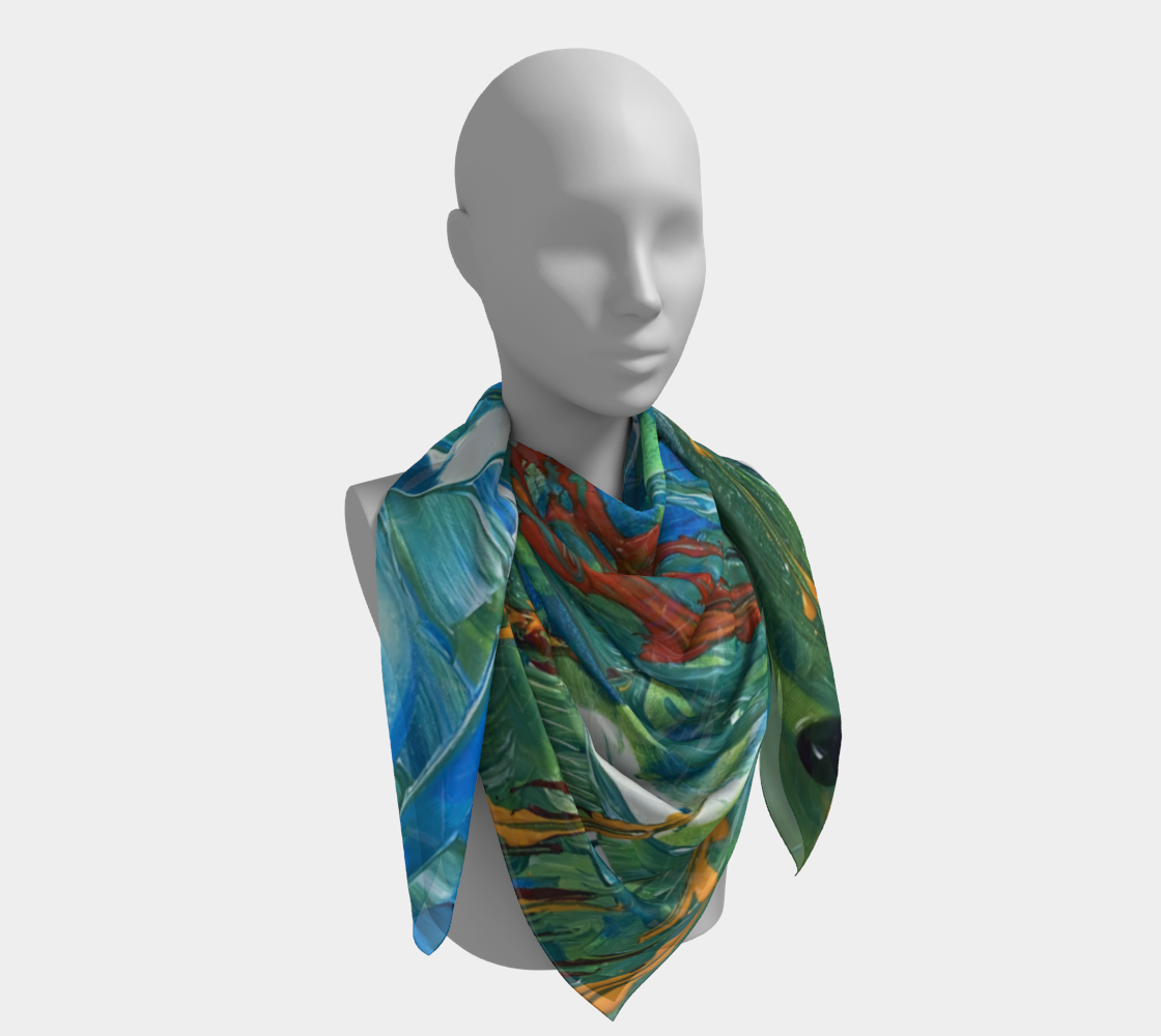 "Oriole at the Feeder" Square Scarf (Aqua, Green, Orange)