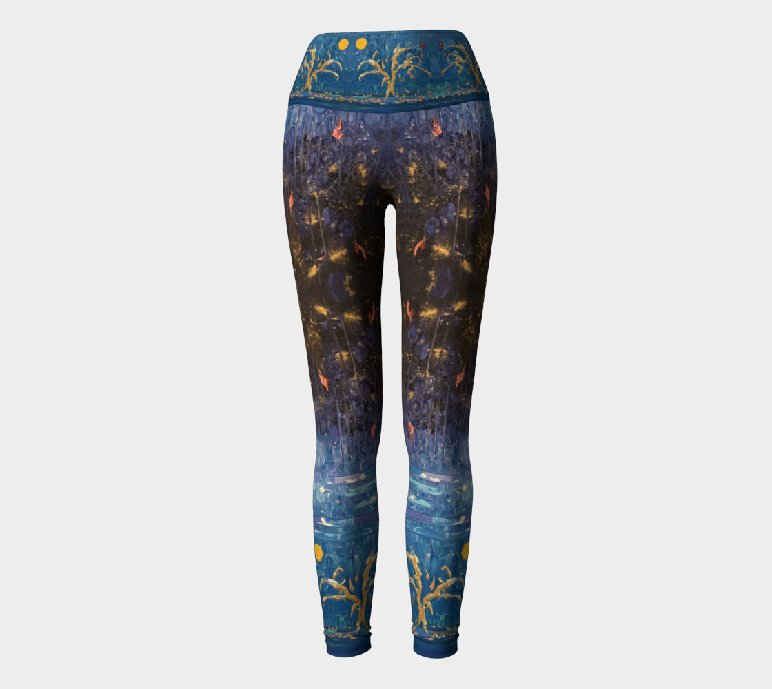 "Trees on Blue" Yoga Leggings (Blue, Gold)