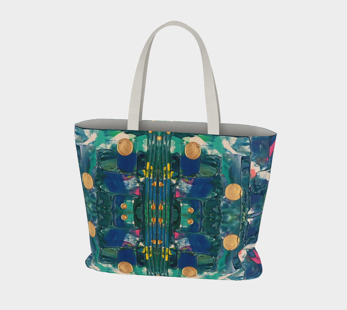 "Water Lillies" Large Tote (Turquoise, Aqua, Gold, Pink)