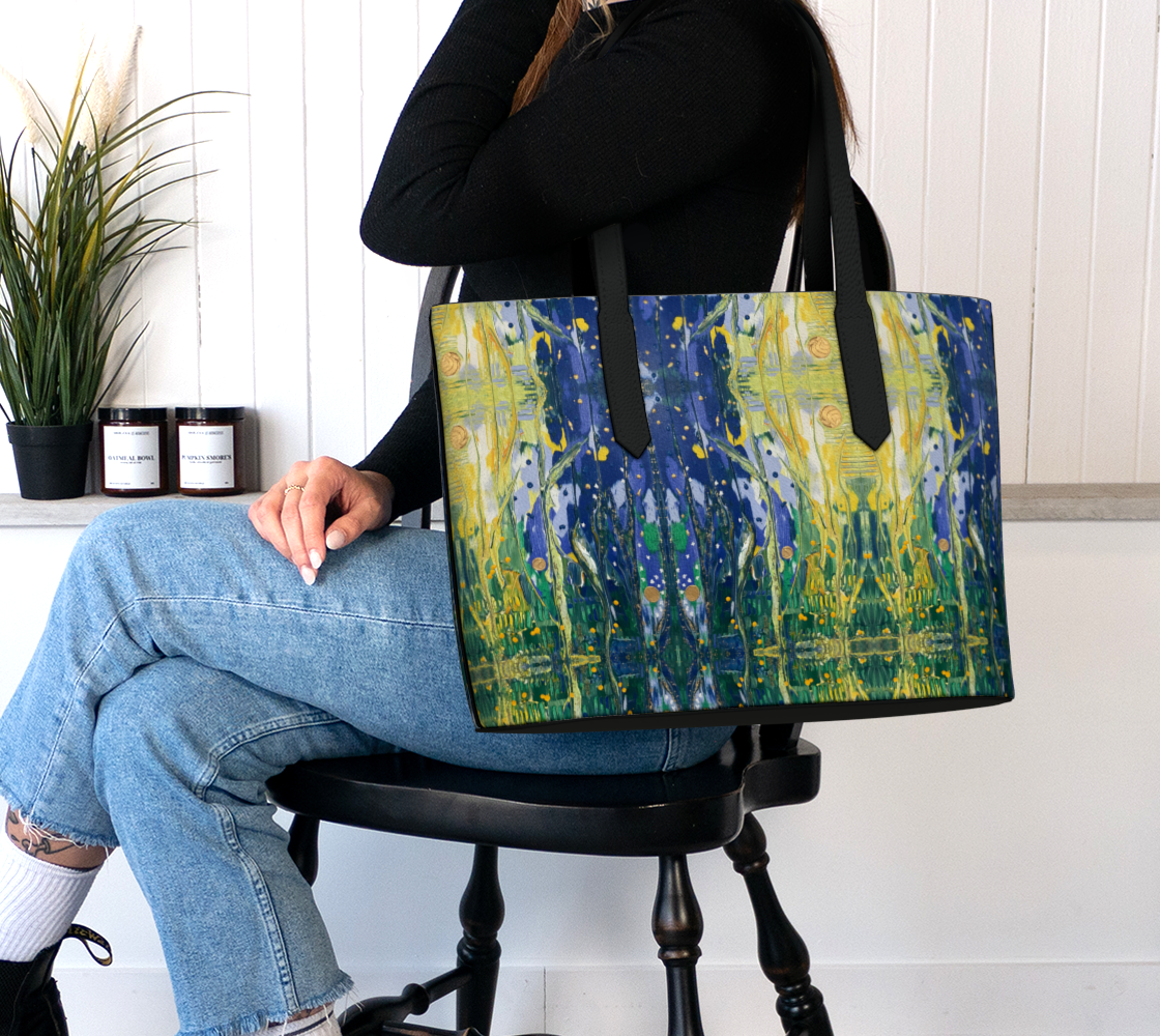 “Arrival of Spring” Vegan Leather Tote Bag (Blue, Green, Yellow)