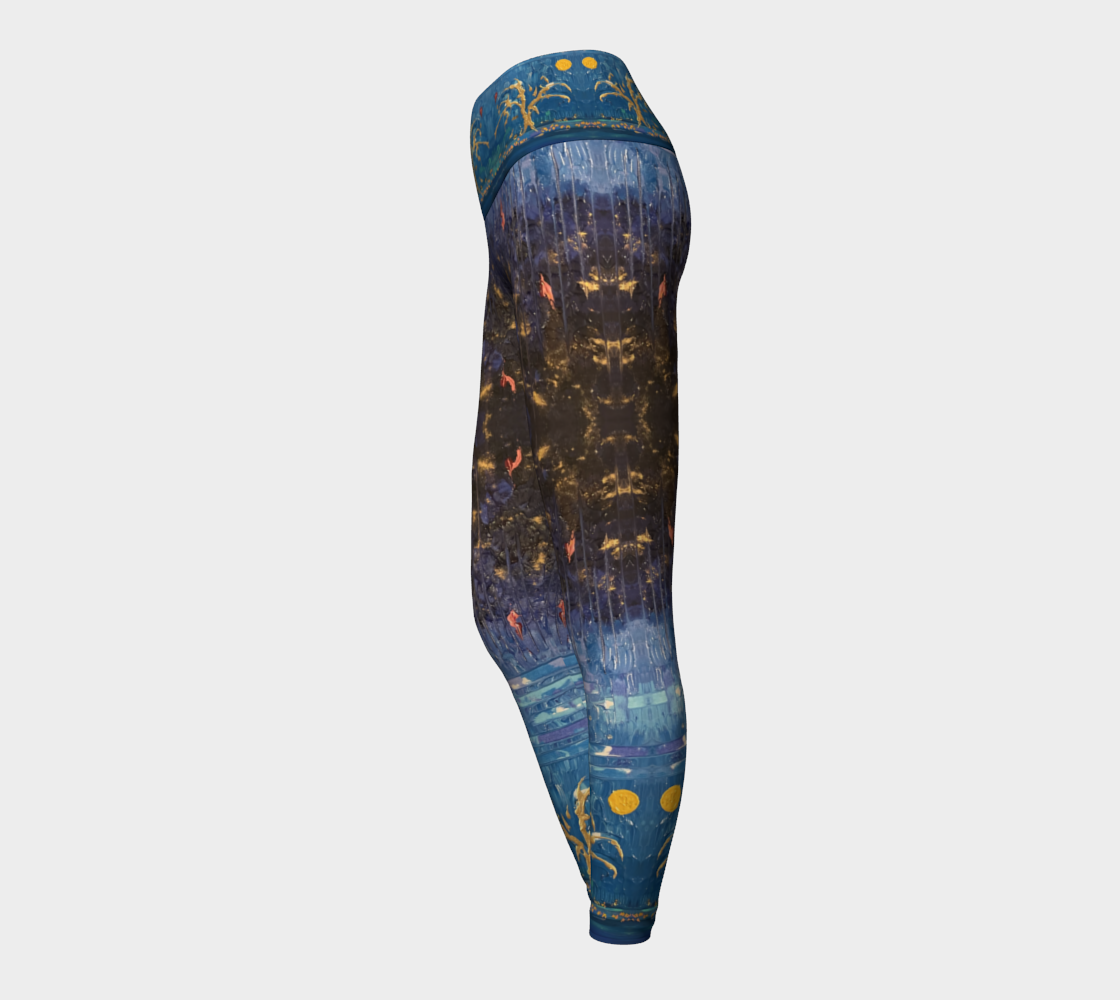 "Trees on Blue" Yoga Leggings (Blue, Gold)