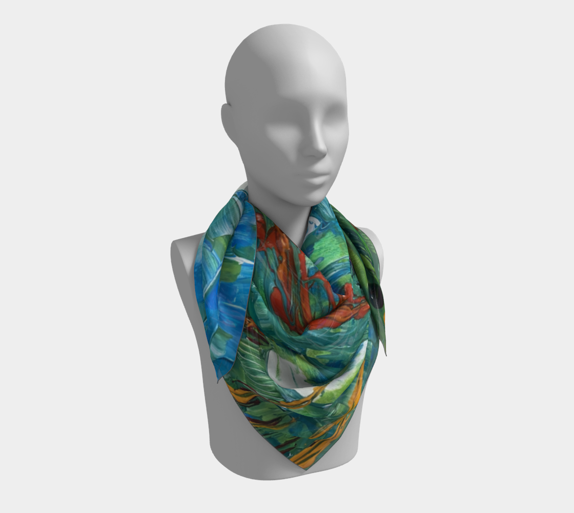 "Oriole at the Feeder" Square Scarf (Aqua, Green, Orange)